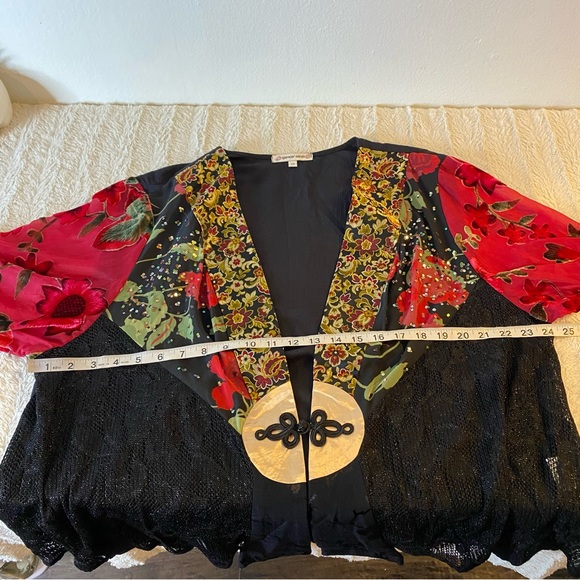 Spencer Alexis Red Black Floral Sheer Sleeve Velvet Detail Kimono Lace Size 2X - Picture 9 of 13